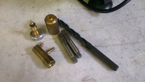 Vlave body, BSP taps, tapping drill, needle valve and a piece of brass bar for the insert.